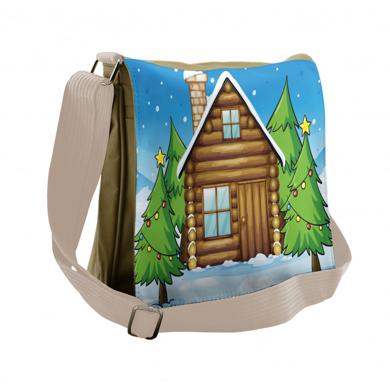 Cabin and Firs in Winter Messenger Bag