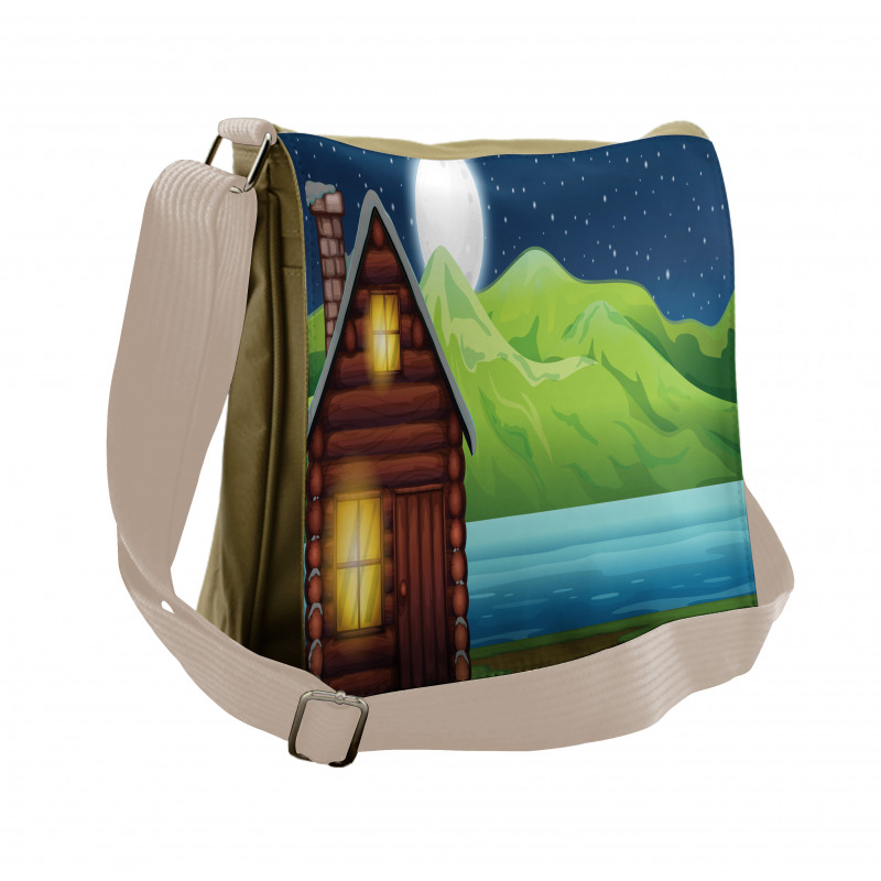 Cabin near River at Night Messenger Bag