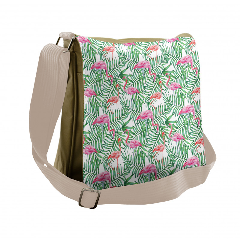 Flamingos on Jungle Leaves Messenger Bag