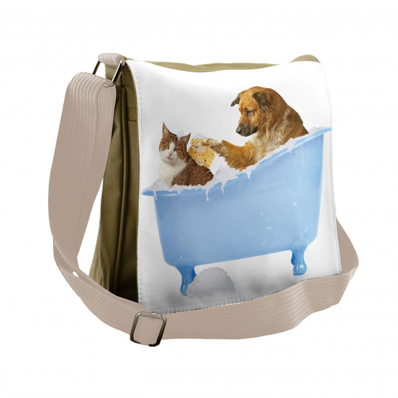 Dog and Cat in Bathtub Messenger Bag