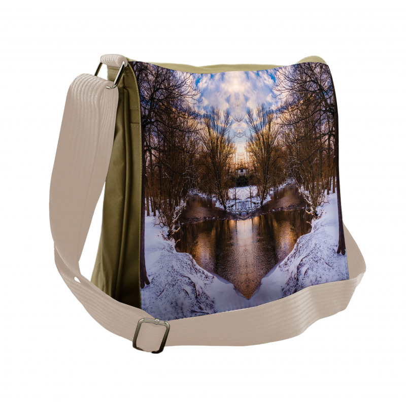 Snowy Winter Park Lake Messenger Bag