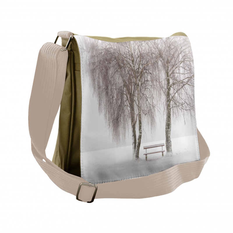 Snowy Bench in the Park Messenger Bag