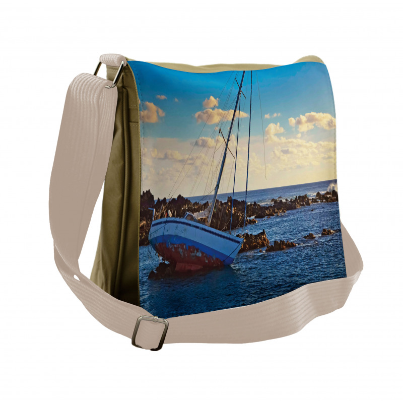 Yacht on Rocks Harbor Messenger Bag