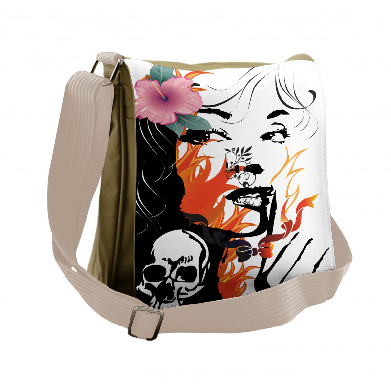 Pink Flower and Skull Messenger Bag