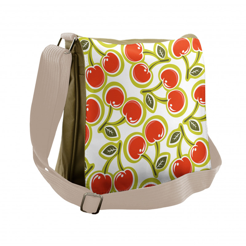 Cherry and Leaves Pattern Messenger Bag