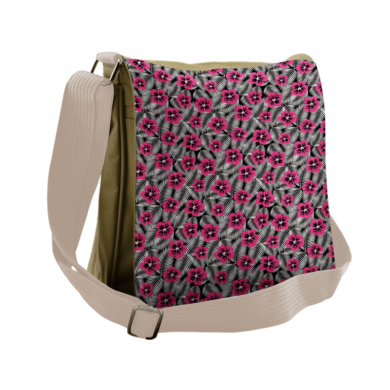 Pink Hibiscus Modern Leaf Messenger Bag