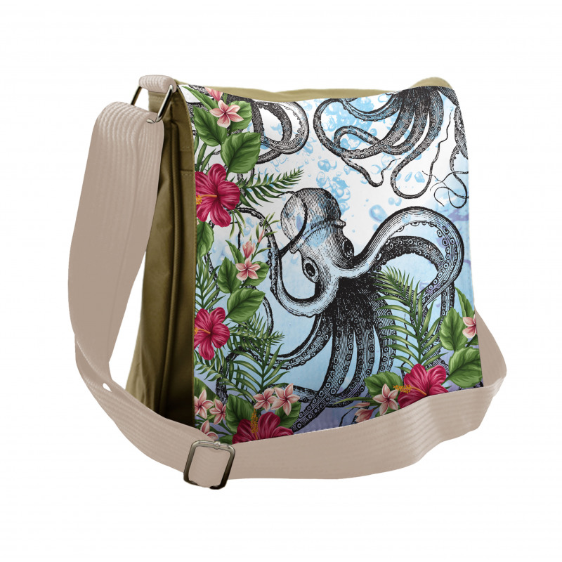 Tropic Hibiscus and Octopus Messenger Bag