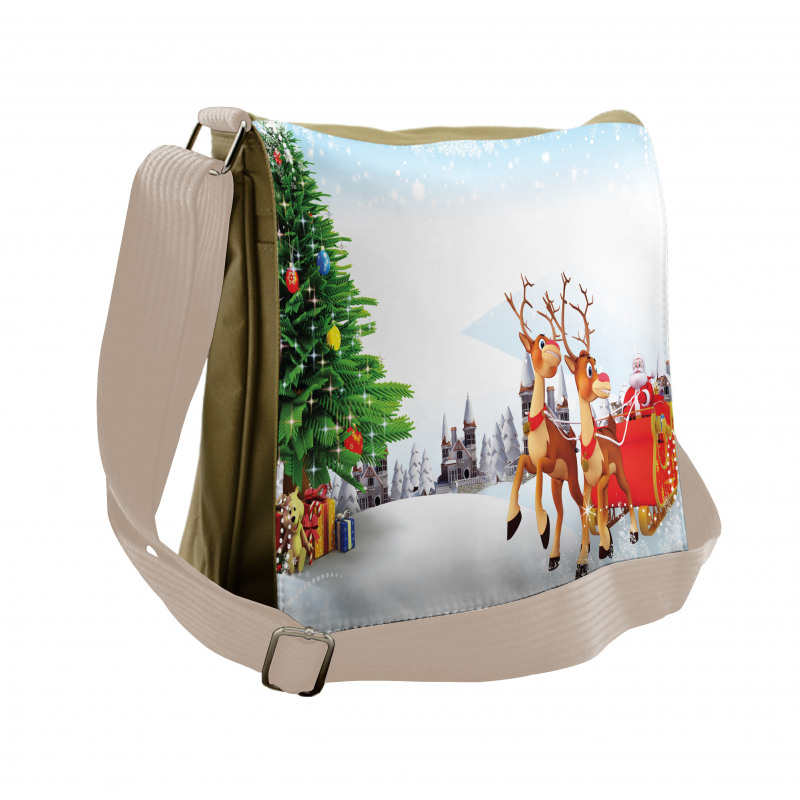 Snowy Village Sleigh Tree Messenger Bag