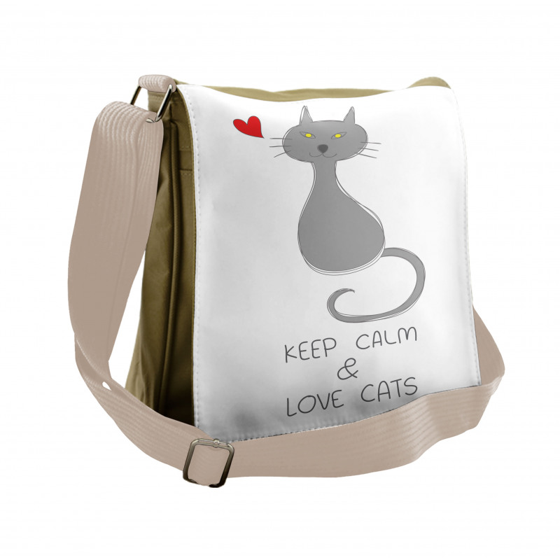 Grey Cat Red Heart Messenger Bag