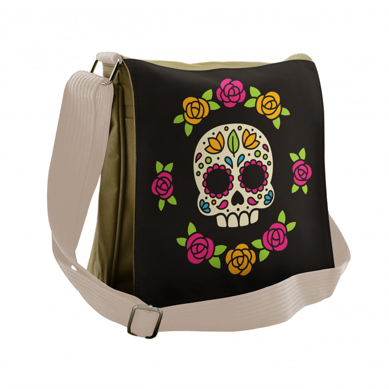 Floral Wreath Skull Messenger Bag