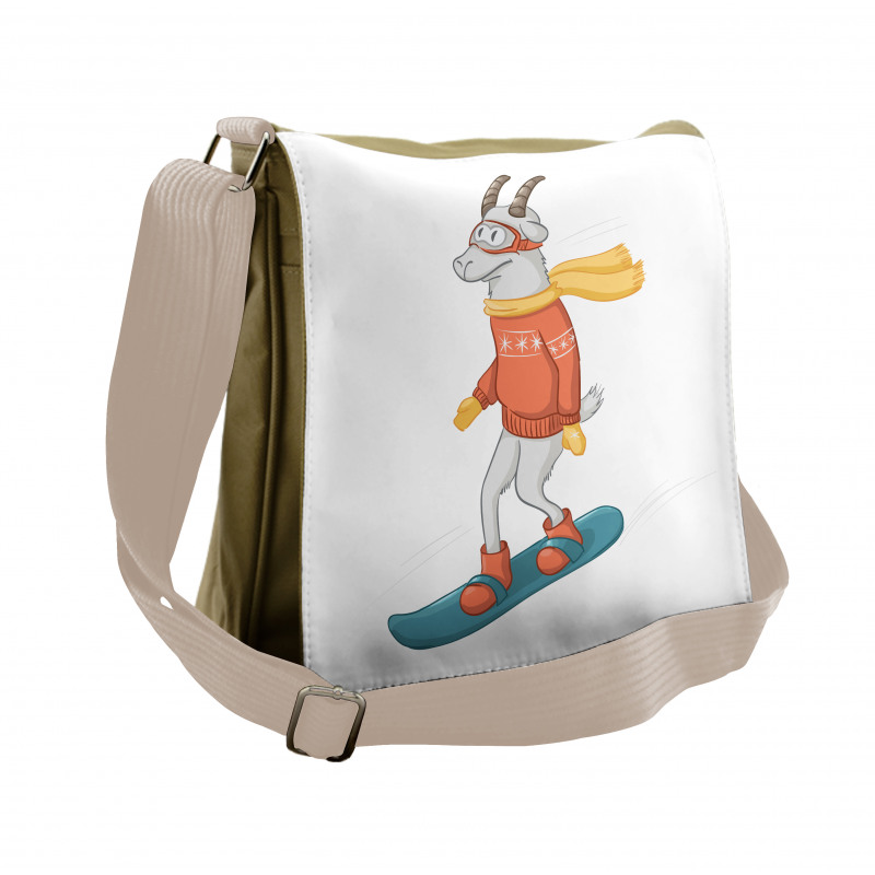 Cartoon Goat Snowboarding Messenger Bag