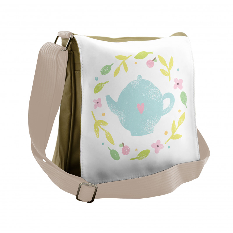 Grungy Teapot Floral Wreath Messenger Bag