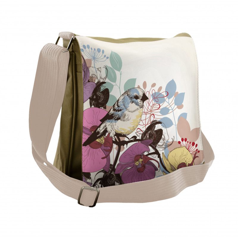 Bird Perched on Flowers Messenger Bag