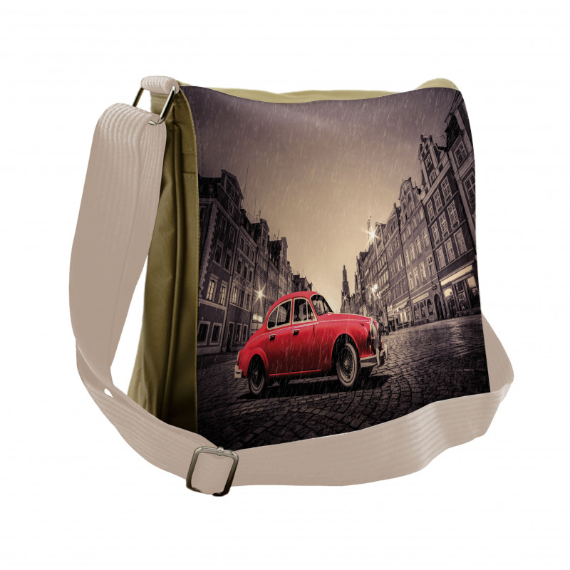 Retro Car on Cobblestone Road Messenger Bag