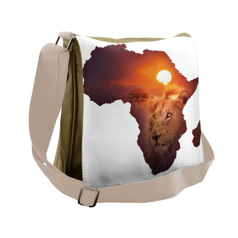 Lion and African Map Sunset Messenger Bag