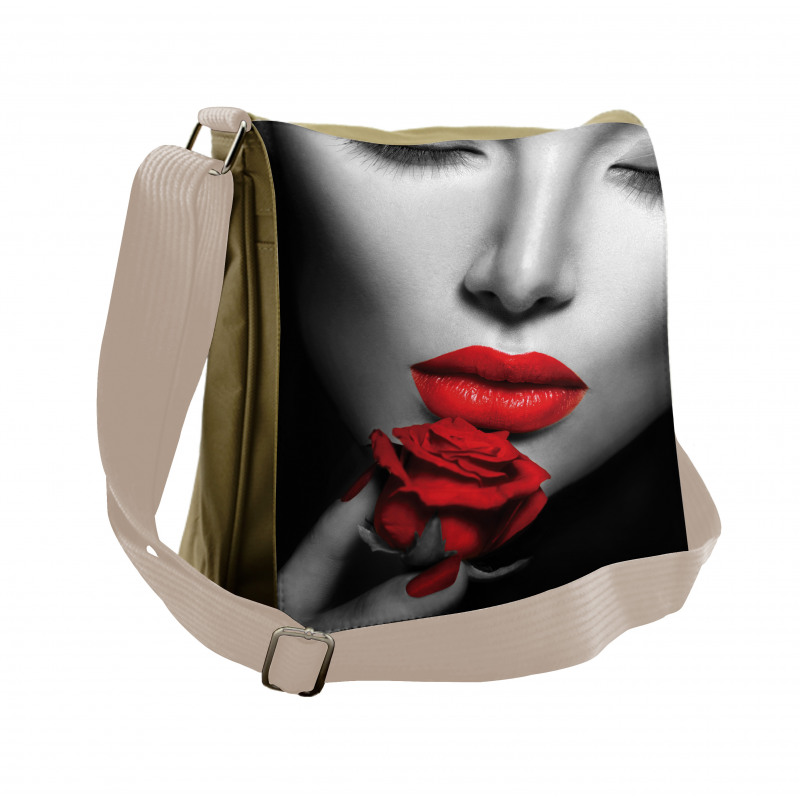 A Young Lady Holding Red Rose Messenger Bag