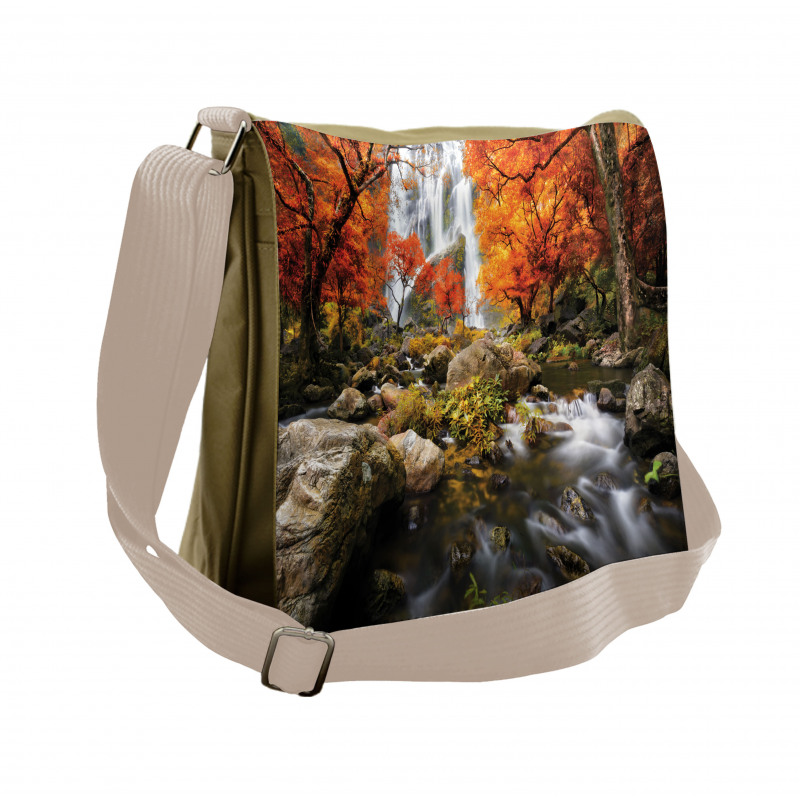 Autumn River Stream on Rocks Messenger Bag