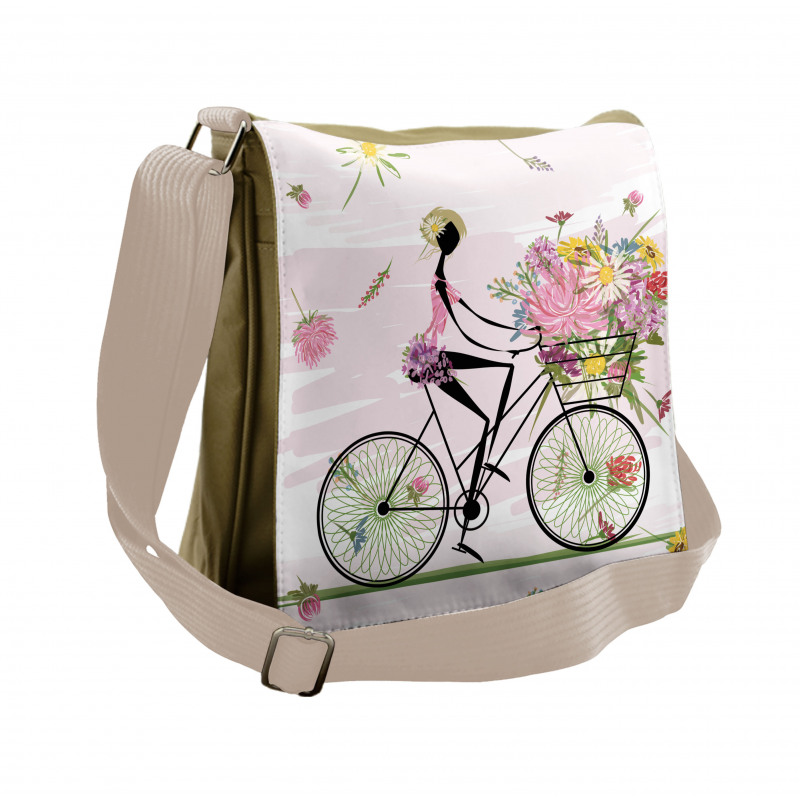 Girl Riding Bike Flowers Messenger Bag