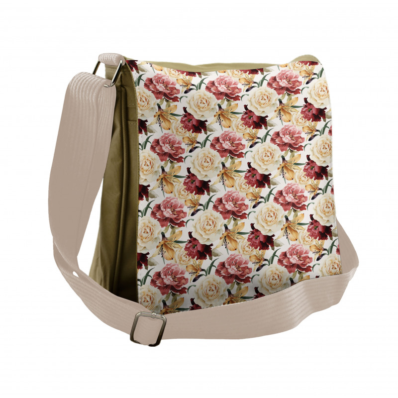 Watercolor Roses Peonies Messenger Bag