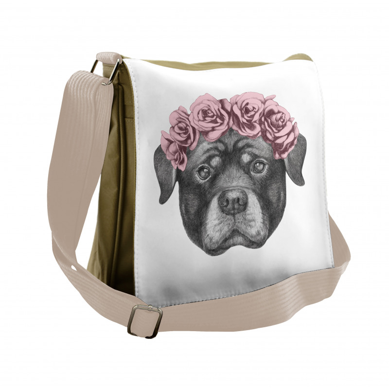 Portrait of Dog in Roses Messenger Bag