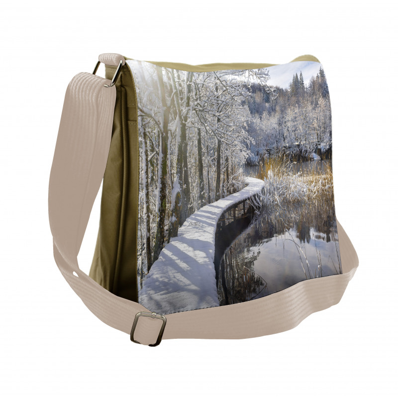 Snow Covered Path in Forest Messenger Bag