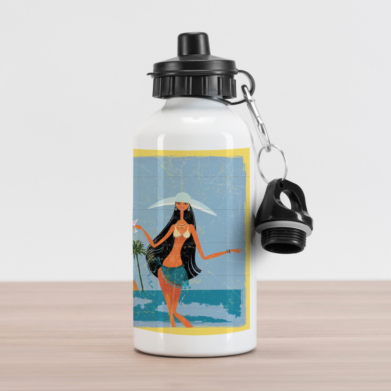 Brunette Hair Hawaiian Lady Aluminum Water Bottle