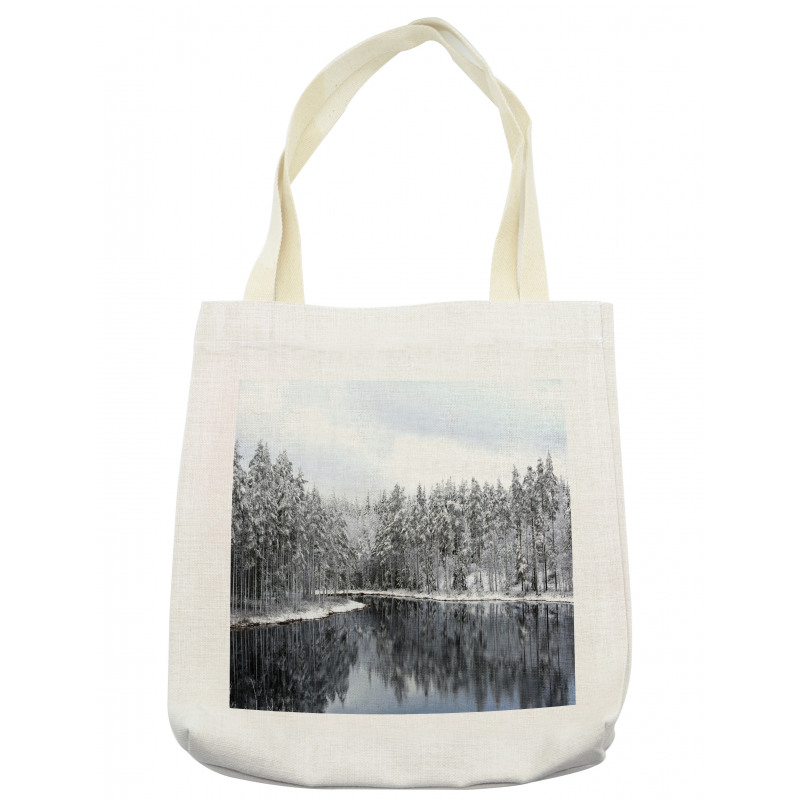 Trees in Cold Day Lake Tote Bag