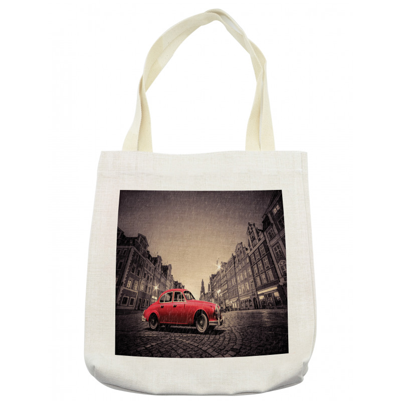 Retro Car on Cobblestone Road Tote Bag