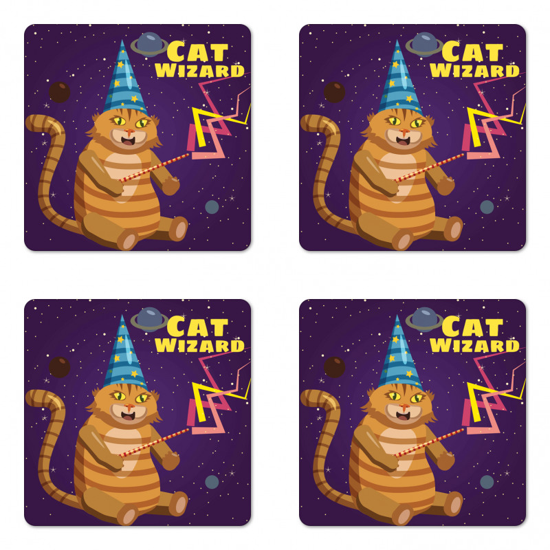 Cat Wizard Funny Cartoon Coaster Set Of Four