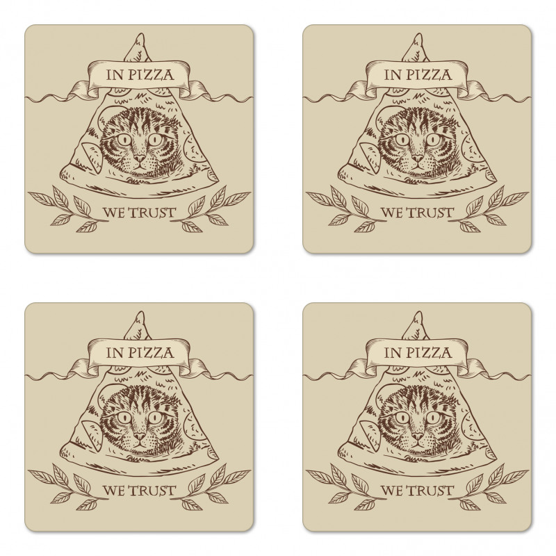 Cat Face in Pizza We Trust Coaster Set Of Four