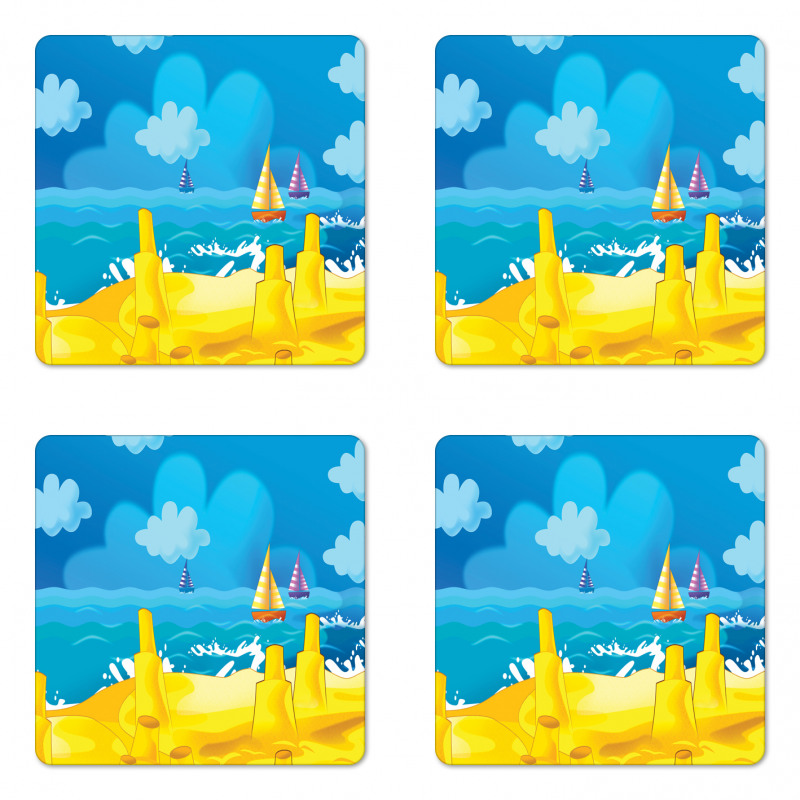 Vibrant Seaside Cartoon Scene Coaster Set Of Four
