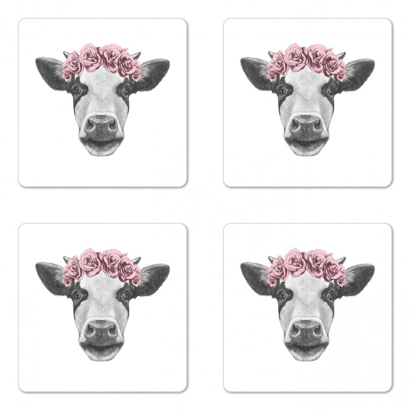 Cow with Roses Wreath Coaster Set Of Four