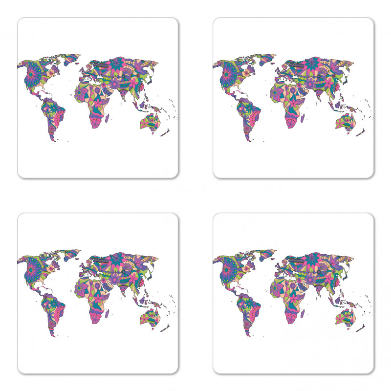 World Map with Flowers Coaster Set Of Four