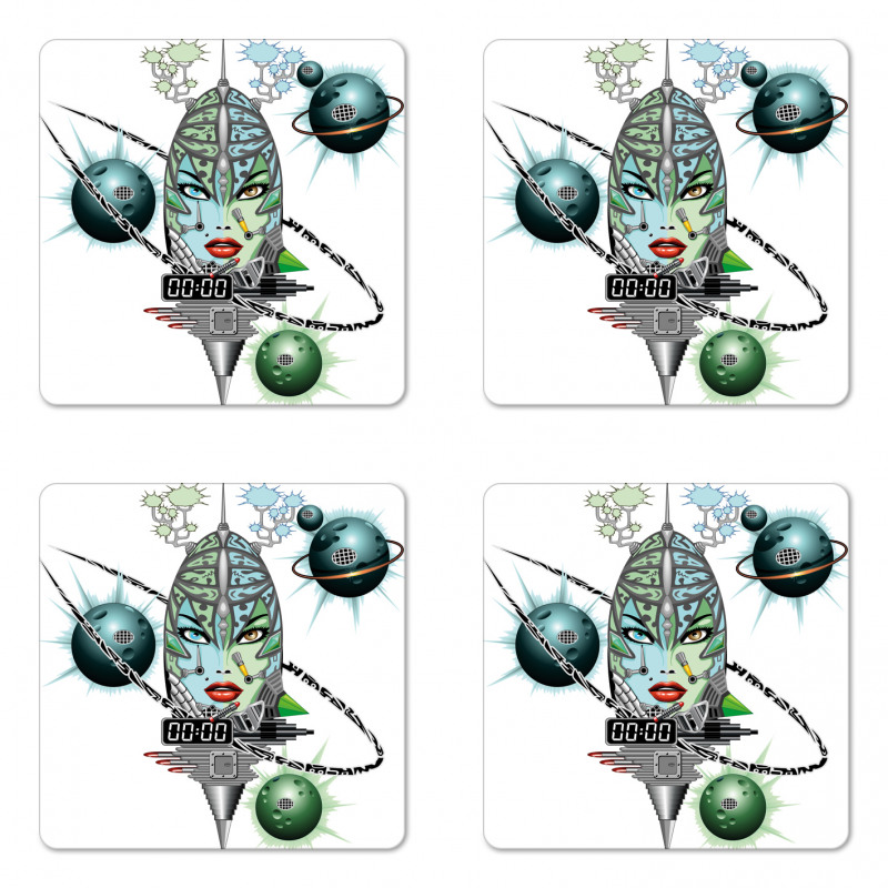 Futuristic Girl Planets Coaster Set Of Four