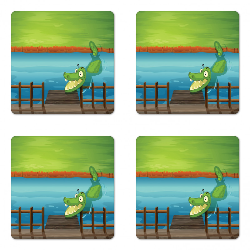 Cartoon Style River Scene Coaster Set Of Four