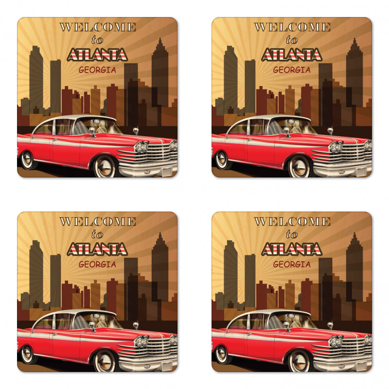 Retro Car and City Skyline Coaster Set Of Four