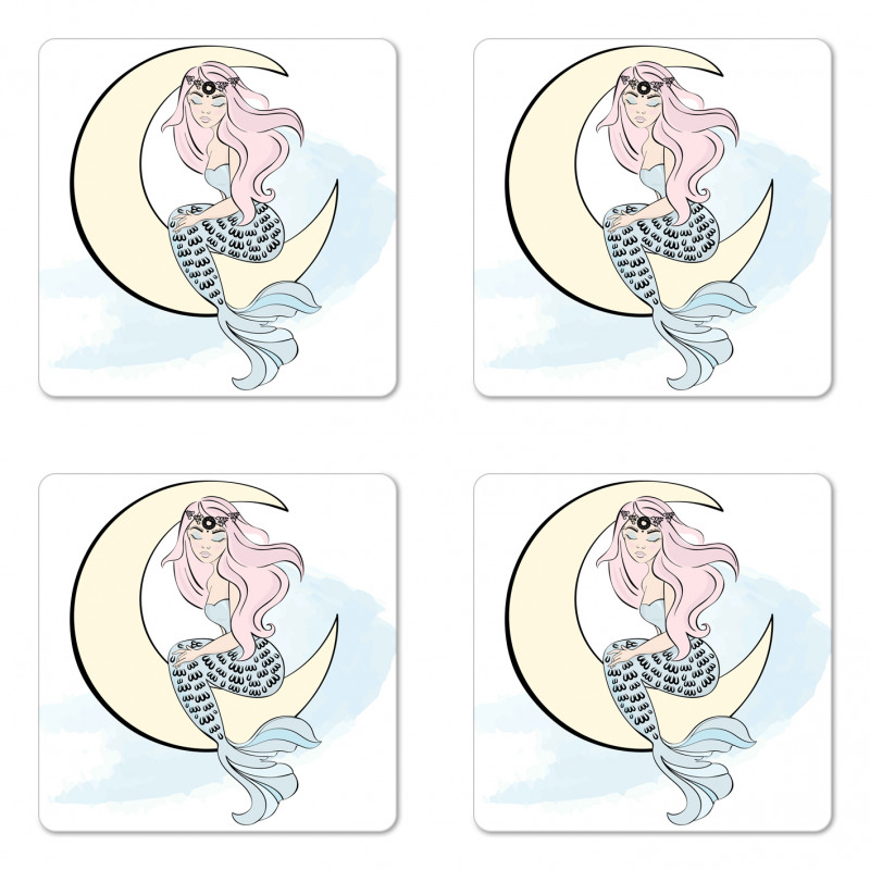 Mermaid Girl on Crescent Coaster Set Of Four