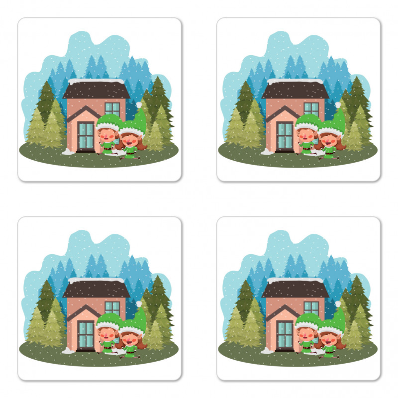 2 Dwarfs House in Winter Time Coaster Set Of Four