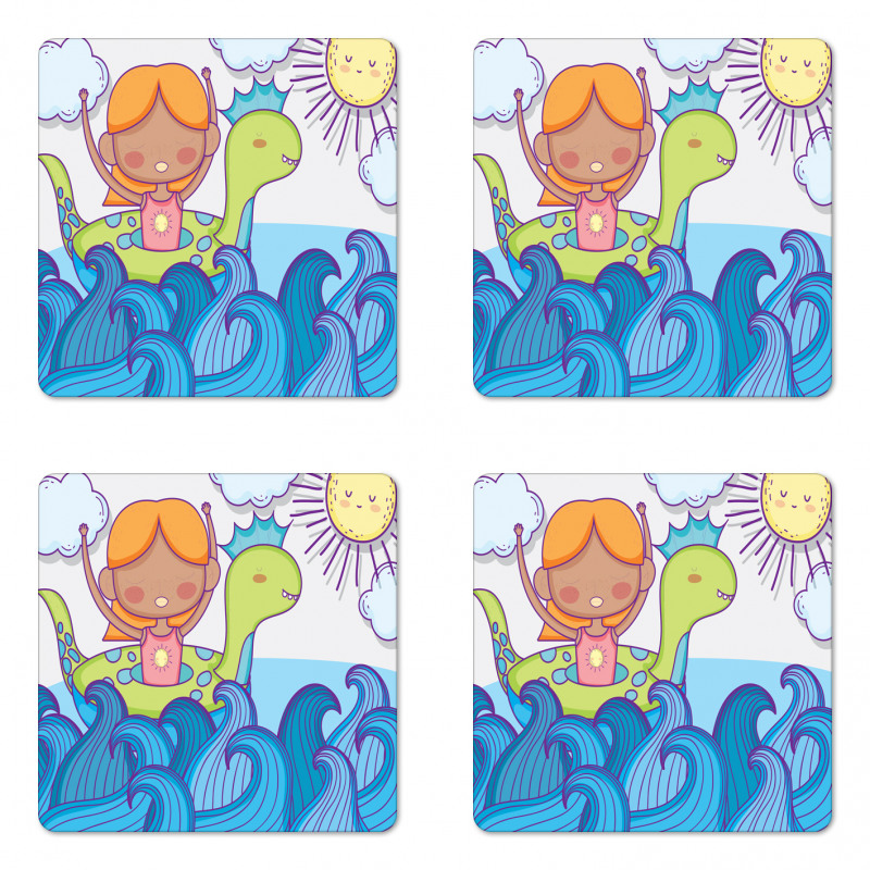 Swimming Wheel Girl Waves Sun Coaster Set Of Four