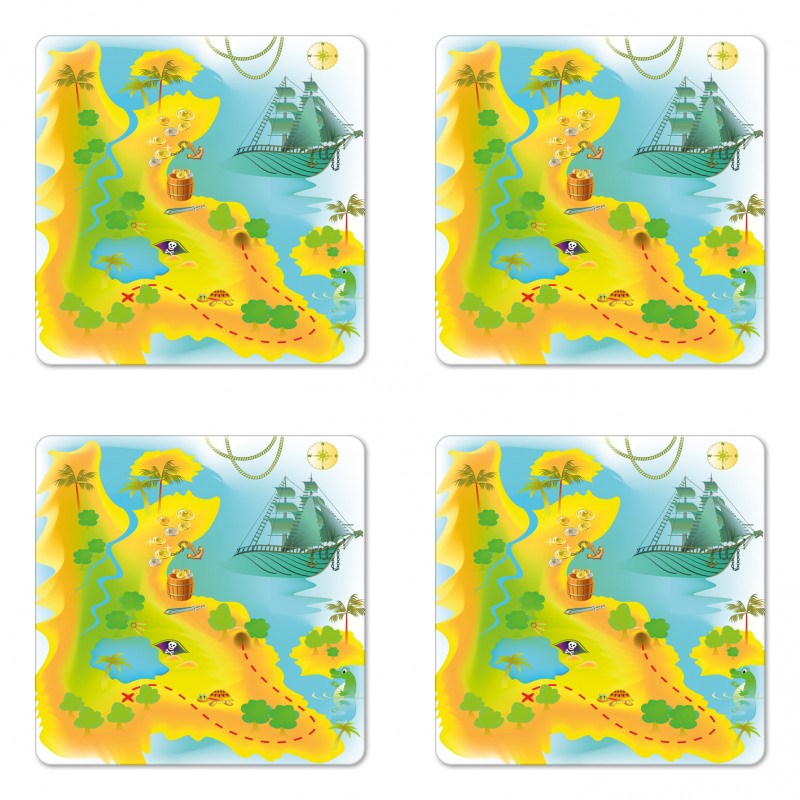 Map of a Treasure Island Coaster Set Of Four