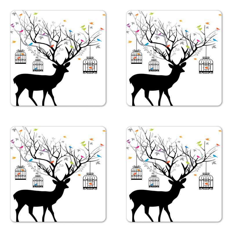 Deer Colorful Birds Coaster Set Of Four