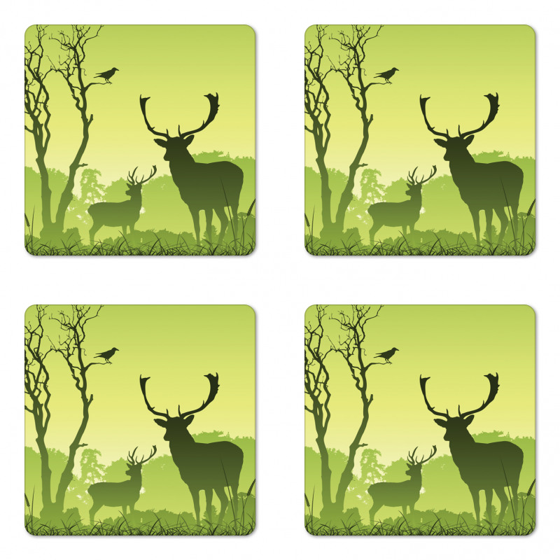 Deer Trees and Crow Bird Coaster Set Of Four