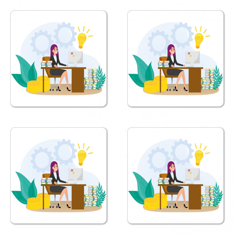 Woman Sitting at the Desk Coaster Set Of Four