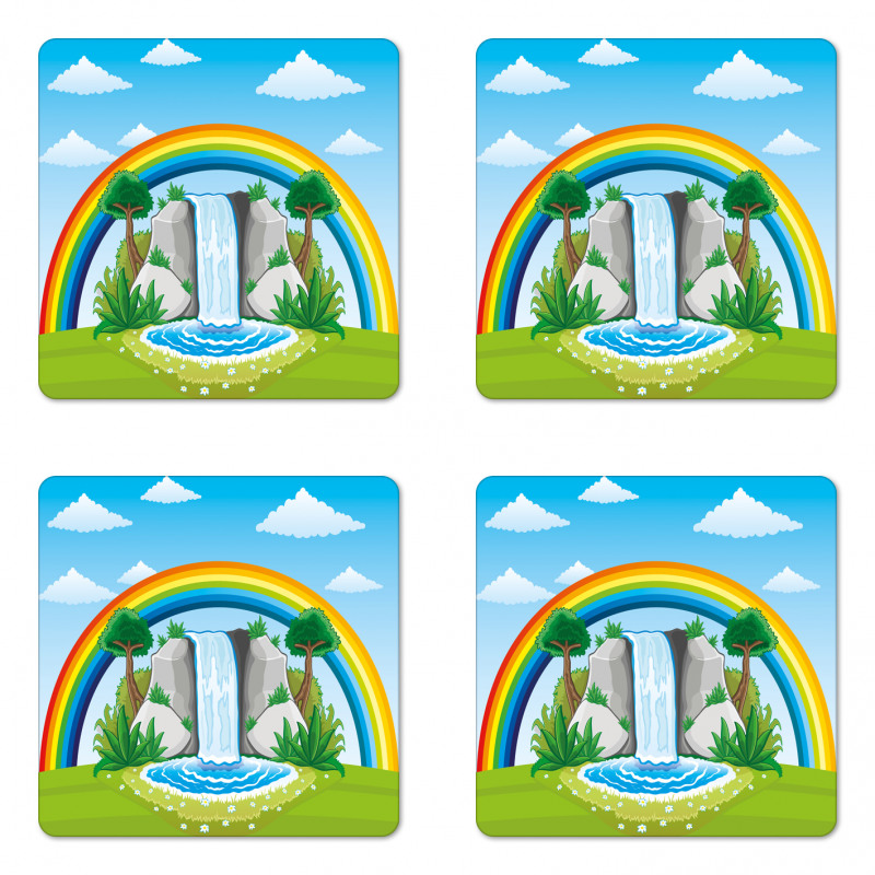 Waterfall and Rainbow Cartoon Coaster Set Of Four