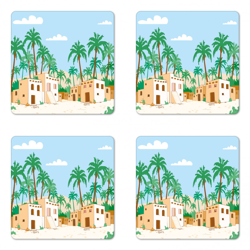 Village with Houses Trees Coaster Set Of Four