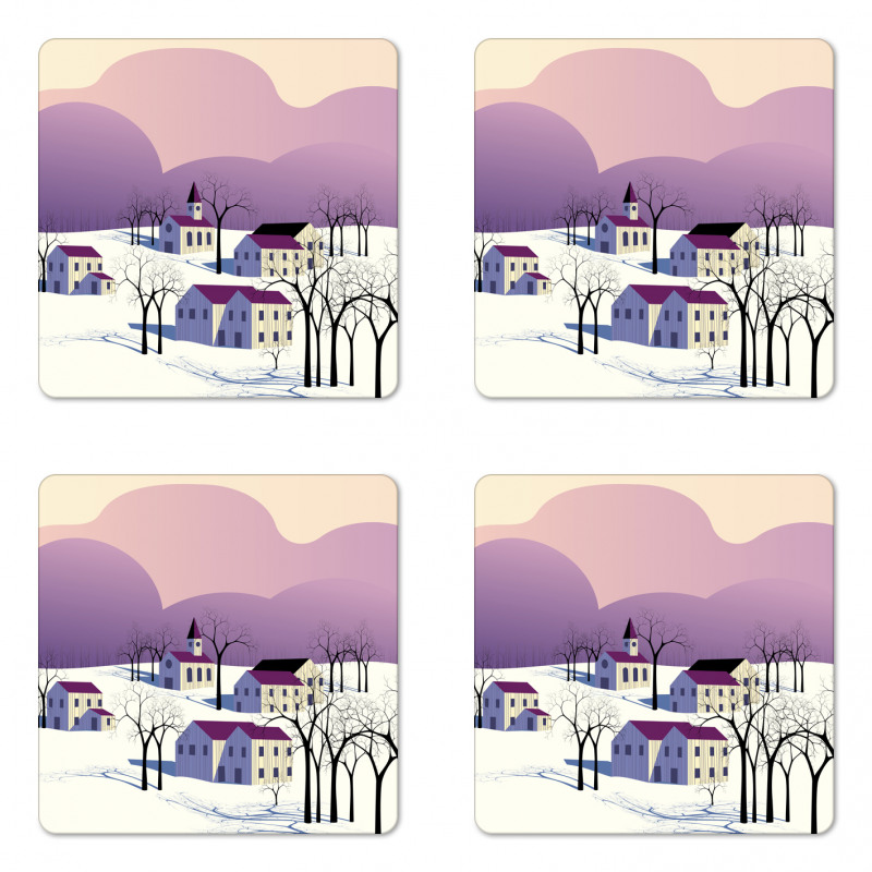 Graphical Village Scene Coaster Set Of Four