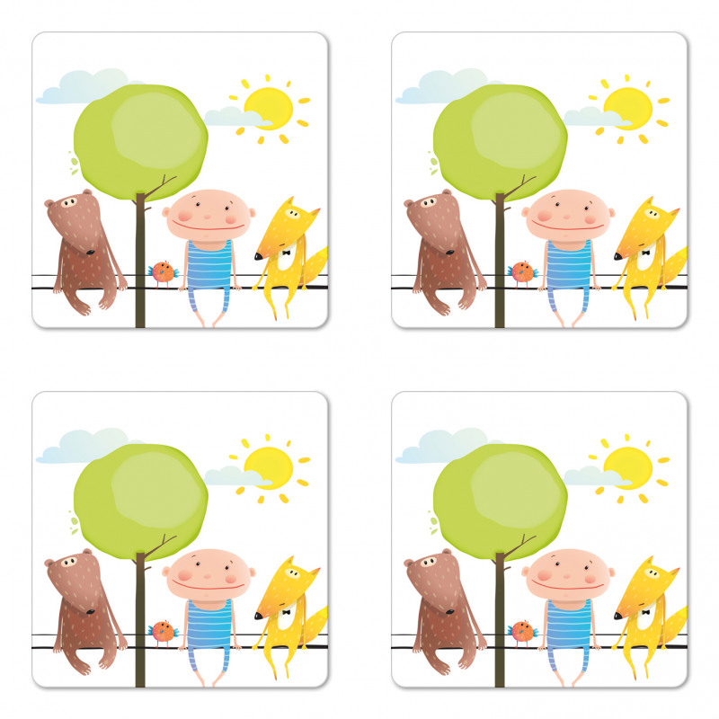 Bear Fox Child Sit on a Wire Coaster Set Of Four