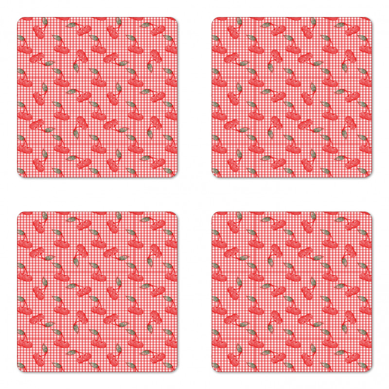 Fruit Doodles on Gingham Coaster Set Of Four