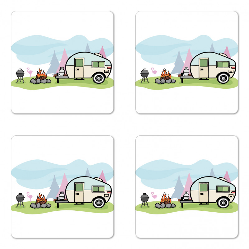 Cartoon Style Camping Scene Coaster Set Of Four