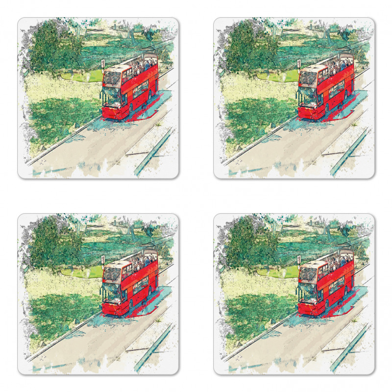 Tourist Bus Watercolor Art Coaster Set Of Four